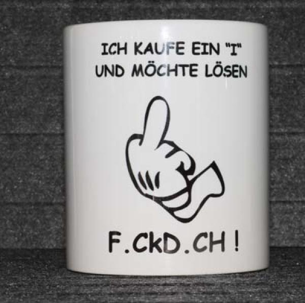 Weiße Tasse mit Spruch  "ICH KAUFE UND MÖCHTE LÖSEN "F_CK D_CH" "
